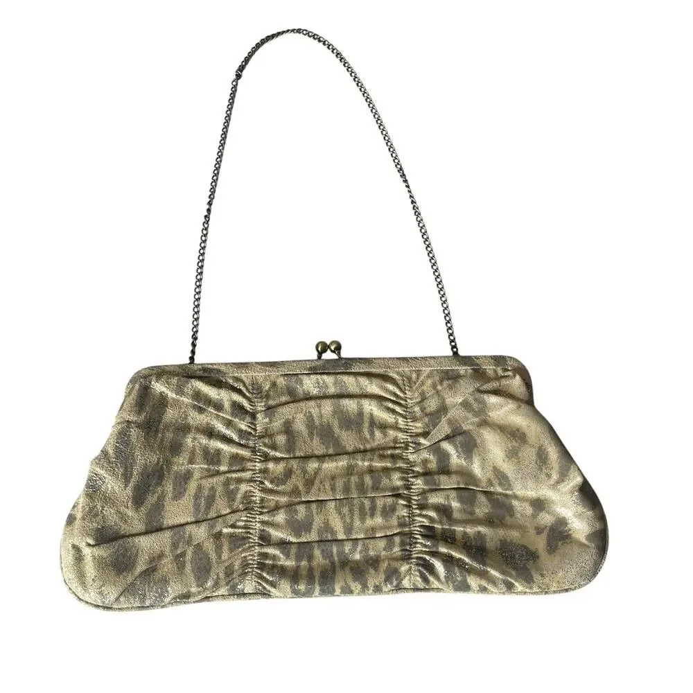 Hobo International Vtg. Frame Bag Clutch Chain Kiss Lock Leopard Print Tan Gold